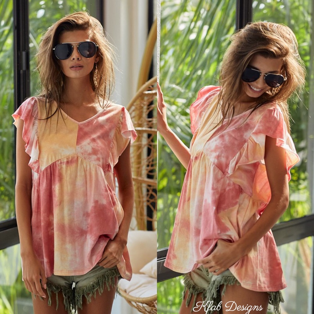 ❤️LAST 1 V Neck Ruffle Tie Dye Cotton Babydoll Top - Picture 12 of 12